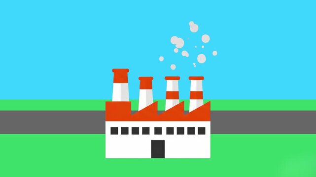 A stylized flat vector icon of an industrial factory building with red chimney stacks emitting smoke. This image illustrates traditional heavy industry, industrial pollution, and the need for transiti