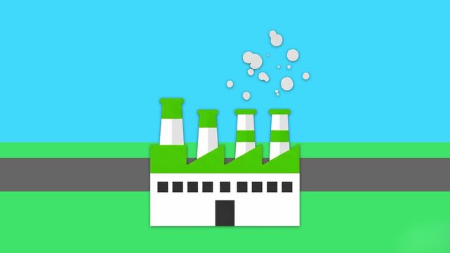 A stylized flat vector icon of an industrial factory building with green chimney stacks emitting subtle steam. This graphic represents clean manufacturing, sustainable industrial practices, and eco-fr