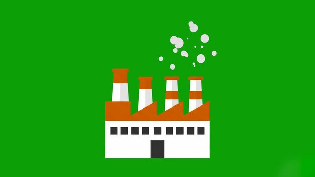 A flat 2D animated factory with smoke stacks changes its emissions from dark black to clean white clouds against a solid green backdrop. This clip illustrates industrial evolution, improved filtration