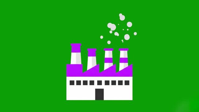 A flat vector-style illustration of an industrial factory building with purple chimney stacks, emitting smoke on a green background. This icon represents an advanced, highly sustainable, or uniquely s