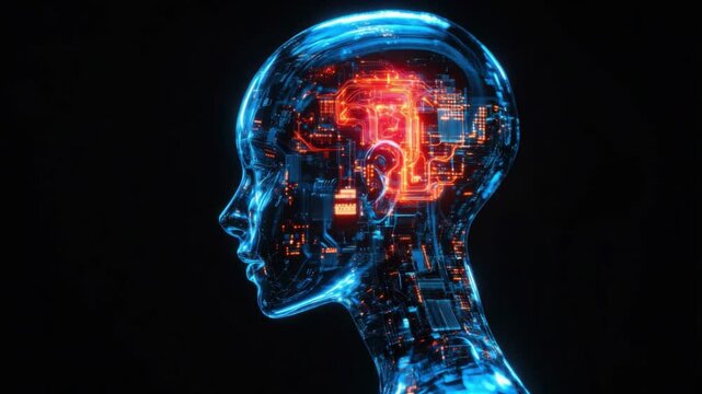 Digital Human Head with Glowing AI Brain Circuit Technology