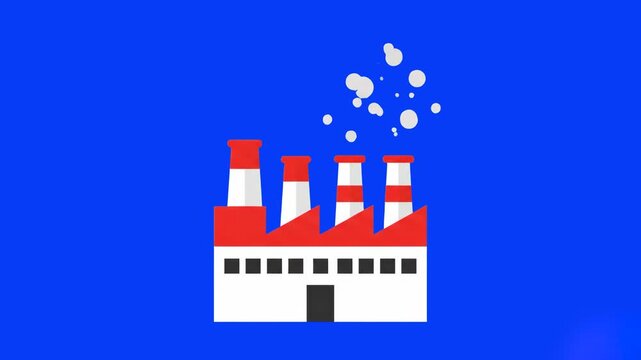 A flat vector-style illustration of an industrial factory building with red chimney stacks, emitting smoke on a blue background. This image symbolizes a polluting industry undergoing a transformation 