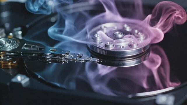 Computer hard drive overheating and smoking, data loss concept with hardware and digital information