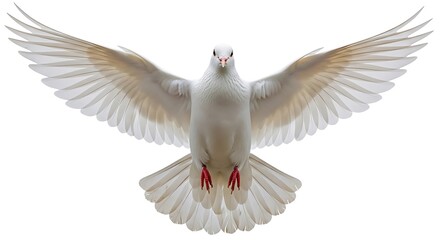 Fototapeta premium Beautiful white dove flying directly toward the camera with symmetrically spread wings isolated on a plain white backdrop.