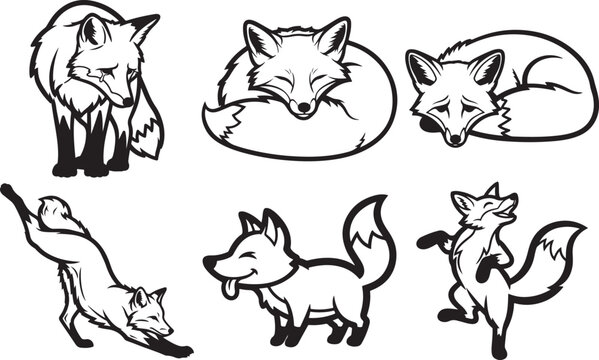 Funny Fox Bold Outline Silhouette Line Art Set
