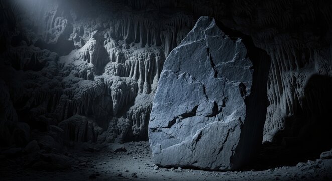 A massive, rough-hewn stone formation stands prominently within a dimly lit, ancient cave.