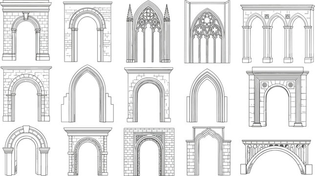 Gothic cathedral arch and medieval window icon set with ornate stone line symbols