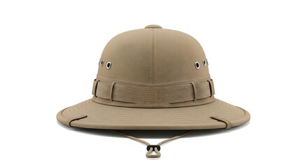 Fototapeta premium Professional studio shot of a tan pith helmet with metal eyelets and decorative band over a white background.