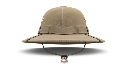 Fototapeta premium Utilitarian tan sun helmet designed for adventure and exploration isolated on a minimalist white surface for product display.