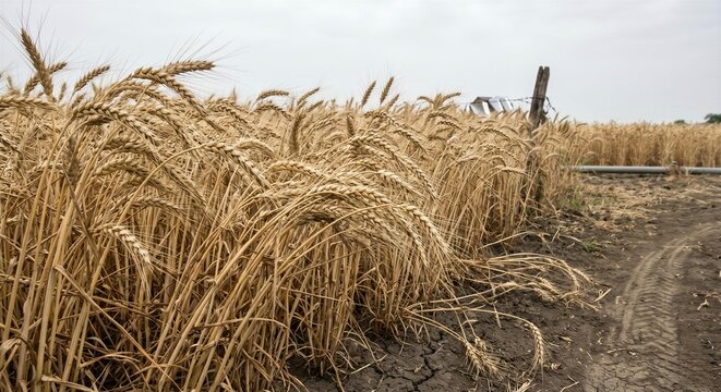 Wind damaged golden wheat crops bending over an unpaved agricultural dirt road marked with vehicle tire tracks beside a barbed wire fence