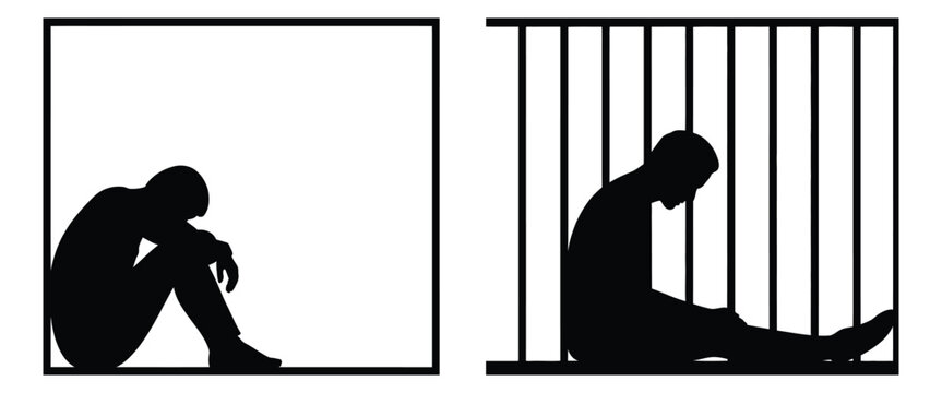 Depressed man silhouette sitting head down behind prison bars vector illustration, loneliness despair sadness mental health struggle black isolated design