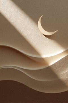 Soft beige abstract waves with crescent moon; elegant minimal style for Ramadan greetings, branding, invitations, packaging, and modern decorative backgrounds