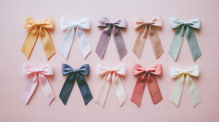 Naklejka premium Flat lay of pastel ribbons tied into bows, arranged neatly on soft background