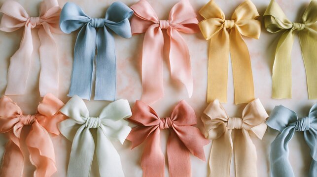 Flat lay of pastel ribbons tied into bows, arranged neatly on soft background