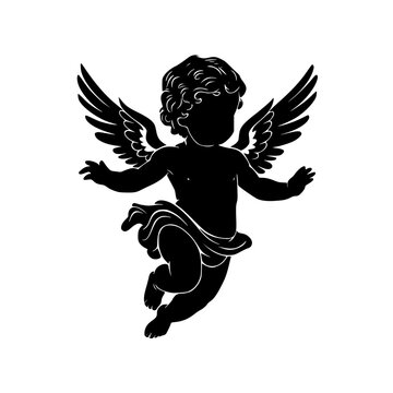 Silhouette of a cherub with wings outstretched in mid flight