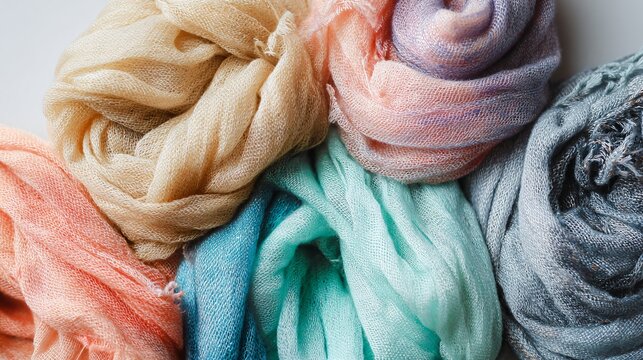 Flat lay of pastel scarves layered on top of each other, soft textures
