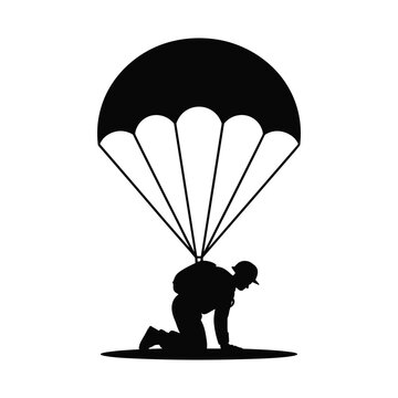 Paratrooper landing silhouette icon with paratrooper parachute silhouette military