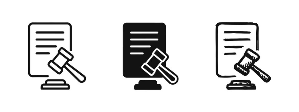Legal Law Icon Set, Judge Gavel and Document Symbol in Outline, Solid and Sketch Styles