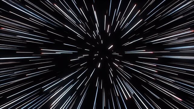 A dynamic abstract background depicting light speed travel through a starfield, with white lines streaking from a central point on a black background.