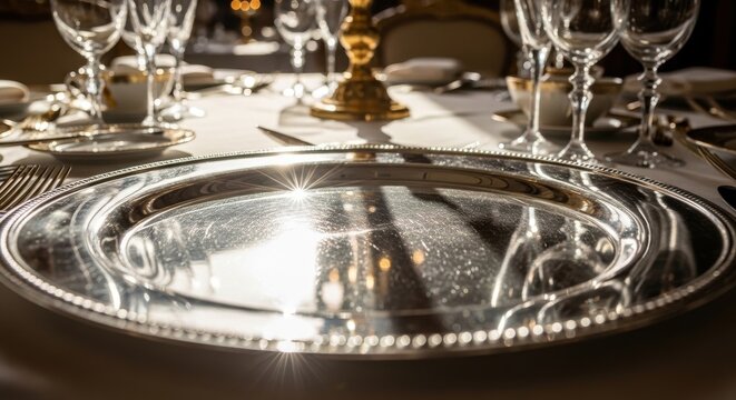 Elegant polished silver platter with golden candlestick on a formal dining table setting