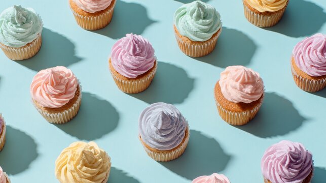 Pastel baking flat lay with cupcakes topped in soft-colored frosting, arranged asymmetrically on a pale blue background, soft shadows and playful styling