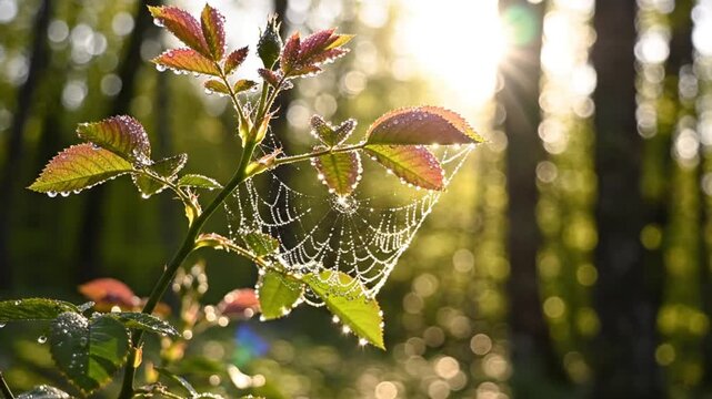 Morning sun illuminates a delicate spider web strung between leaves in a forest with water droplets glistening