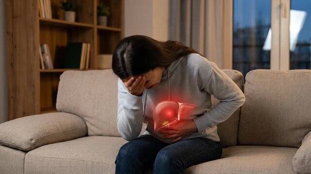 Young woman suffering from severe liver pain, experiencing agonizing abdominal discomfort, internal organ health issues, medical diagnosis, chronic illness, urgent healthcare need at home