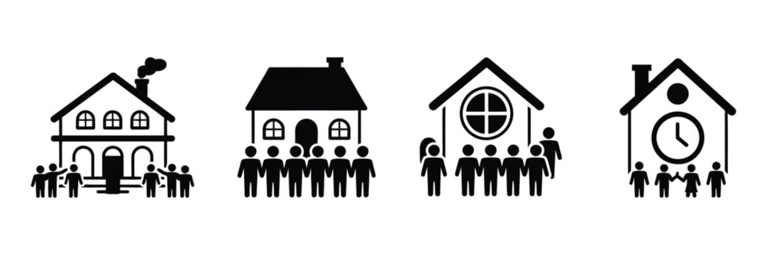 Family generations illustration houses silhouettes black and white minimalist vector design, heritage legacy concept simple clean composition
