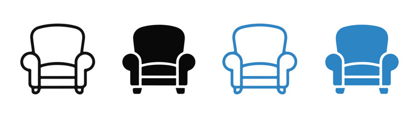 Fototapeta premium Armchair icon set outline solid black and blue modern furniture illustration.