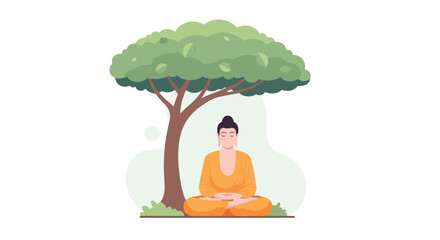Meditating Buddha Under Tree Flat Vector Illustration