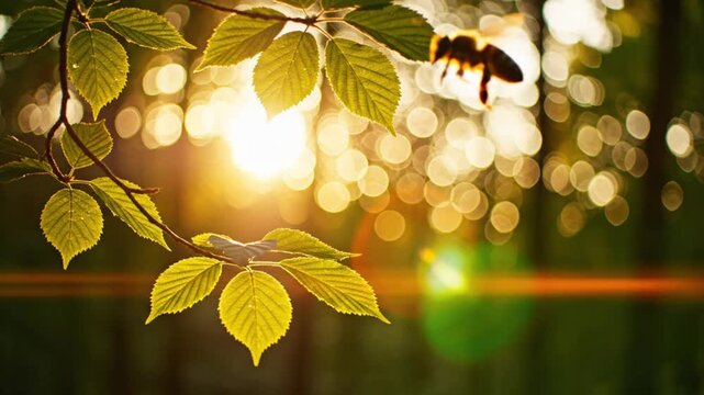 Sunlight streaming through vibrant green leaves with a beautiful bokeh effect and a bee flying through the scene