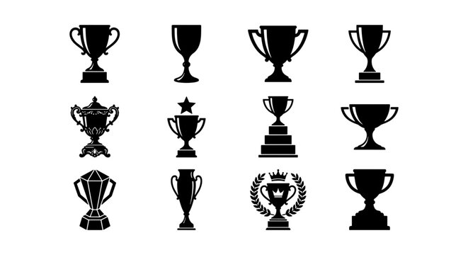 Black trophy cup icons set, 12 champion award vector silhouettes, sports competition winner prize symbols, achievement and success graphic elements