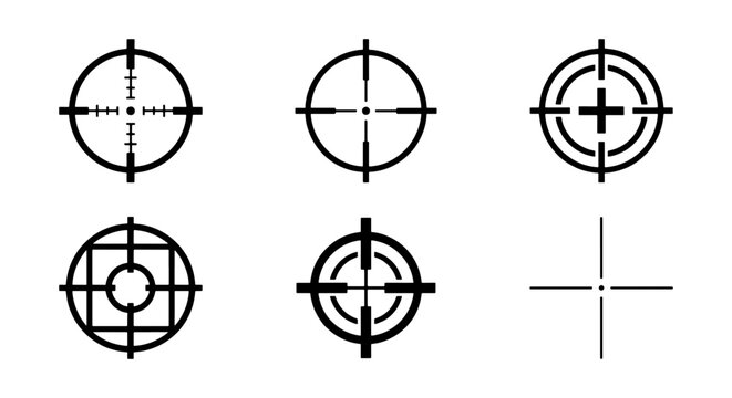 Sniper crosshair icon set, 6 black vector aim reticle symbols, tactical target sight marks for gaming and military UI design