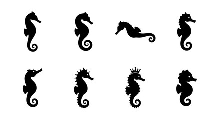 Seahorse silhouette collection, set of 8 black marine animal icons, minimalist sea life vector illustrations for ocean branding and nautical design © MdRipon