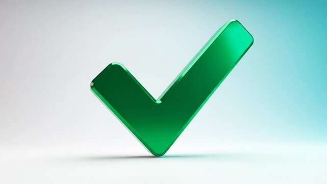 Bright glossy green checkmark symbol spinning and settling against a soft white and teal background