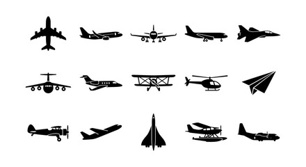 Black airplane silhouette icons set, 15 aircraft vector elements, commercial aviation and military plane symbols, flight transportation graphics © MdRipon