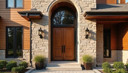 Fototapeta premium Elegant double wooden doors set in a stone facade with modern wood siding accents. Arched window above entrance. Outdoor lanterns flank the entryway. Lush green plants surround front stpic.