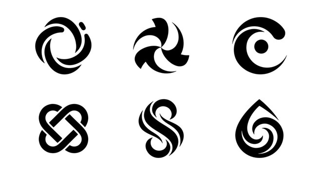 Minimalist black abstract logo set, 6 modern geometric vector icons, corporate branding identity elements, clean swirl and spiral symbols for business