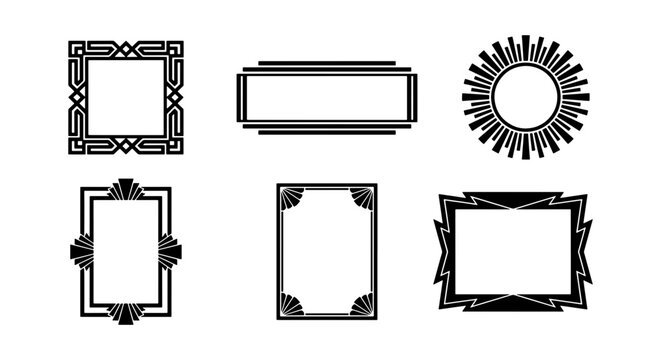 Art Deco frame collection with 6 geometric borders, vintage 1920s style decorative frames, black linear vector ornaments for luxury invitations