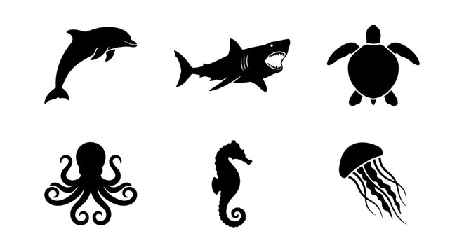 Marine animal silhouettes set of 6 vector icons, black sea life creatures including shark and dolphin, aquatic wildlife collection for logos