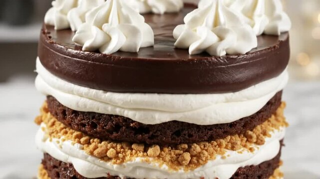 Delicious layered chocolate cake with frosting and cookie crumble toppings perfect for dessert celebration