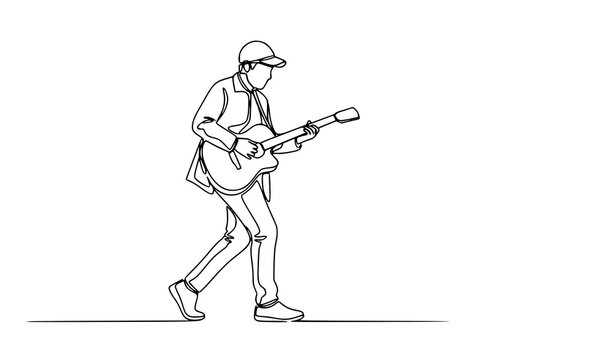 Modern continuous one line drawing of walking street musician playing guitar dynamic line art vector