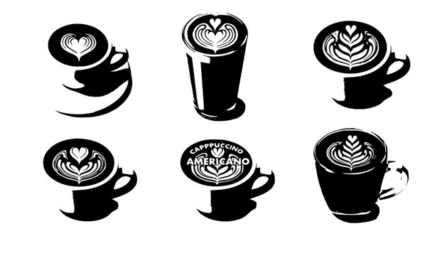 Coffee beverages set espresso latte cappuccino cups with latte art realistic vector isolated on white background