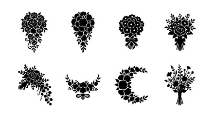 Black floral bouquet silhouettes, set of 8 wedding flower arrangements, decorative botanical vector elements for bridal invitations and greeting cards © Tariqul