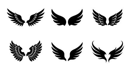 Obraz premium Black wing silhouettes set, 6 pairs of decorative bird wings, heraldic eagle and angel wing icons, minimalist vector graphic elements for logos