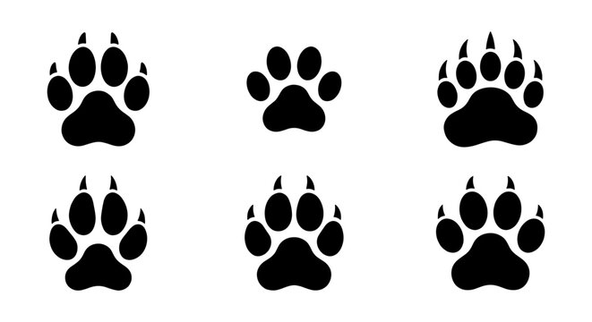 Animal paw print vector icons set, black predator footprints with sharp claws, 6 wild beast track silhouettes for hunting and nature design