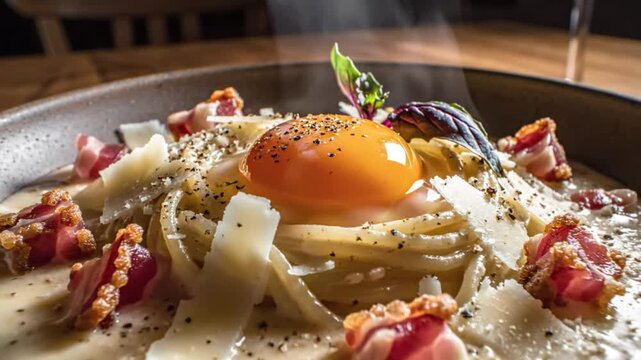 Delicious steaming spaghetti carbonara with crispy bacon, parmesan shavings, and a runny egg yolk in a bowl on wooden table