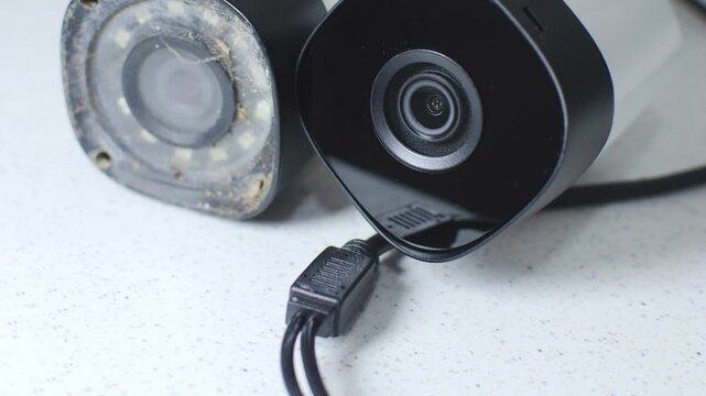 Close up the old and worn security camera, symbolizing the need for replacement and maintenance in security systems.000- Prevention and safety concept.