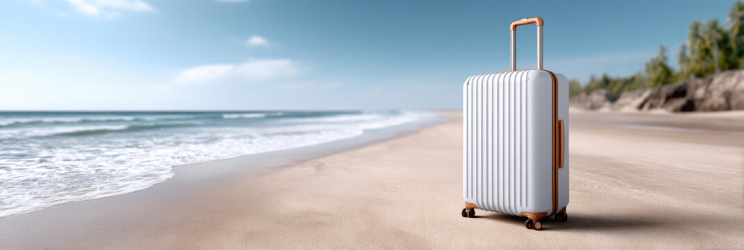 White luggage on a tranquil tropical beach representing journeys, holidays, vacation, and travel adventures, symbolizing escape and potential for international trips