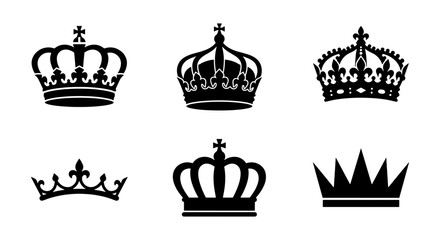 Vintage royal crown silhouettes, set of 6 black heraldic crowns, elegant king and queen tiara icons, majestic imperial headwear vector elements © Jannatul